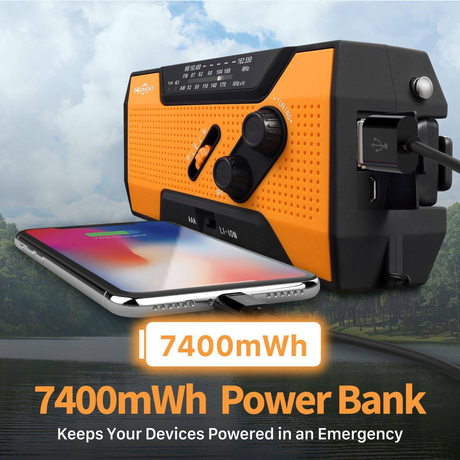 BoongKe A1 Multi-Power Emergency Weather Radio with Flashlight & Solar/Hand-Crank Power Bank