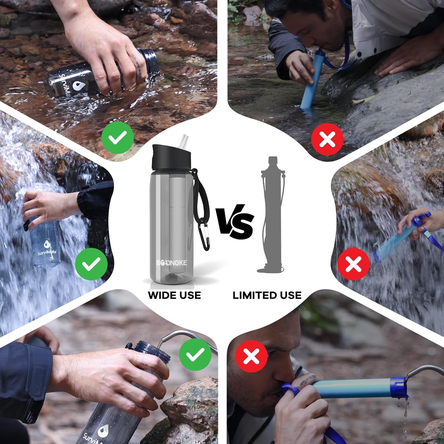 Portable Water Filter Bottle with 5-Stage Filtration, 22oz, 35oz Ultra-Filtration Camping Survival Gear with Built-in Compass – Removes 99.99% of Harmful Substances